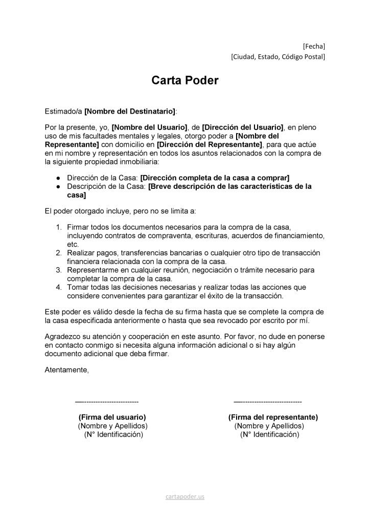 formato de Carta Poder para Comprar una Casa