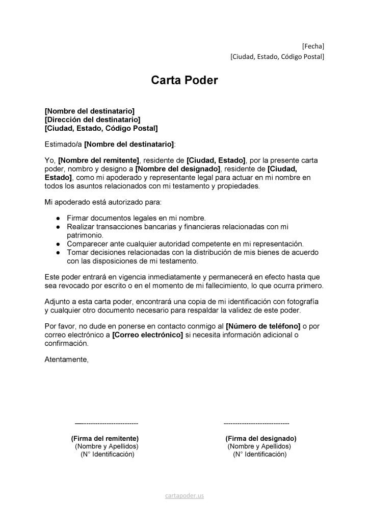 formato de Carta Poder para Testamento