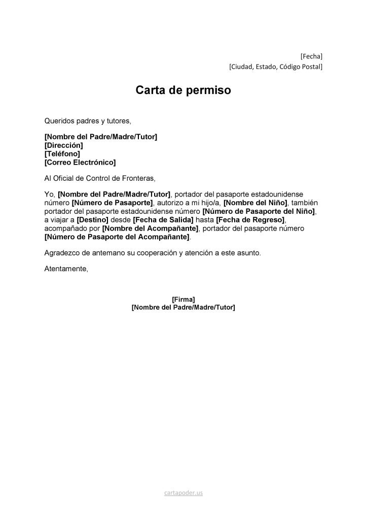 formato de Carta de Permiso de Viaje para Niños Americanos