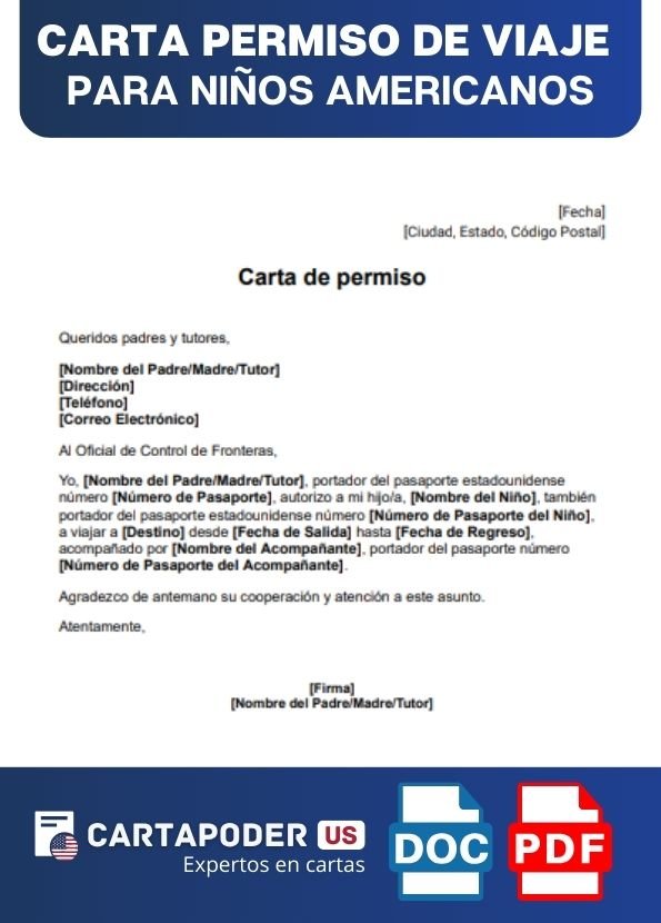 ejemplo de Carta de Permiso de Viaje para Niños Americanos